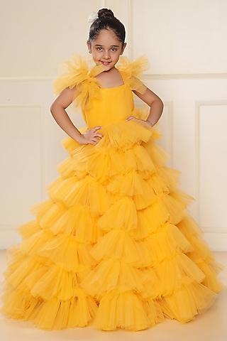 mango yellow butterfly net ruffled gown for girls
