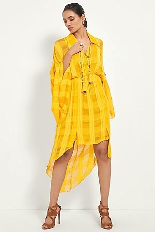 mango yellow checkered fabric asymmetric wrap dress