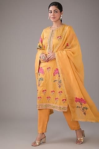 mango yellow silk chanderi hand-block printed & zardosi embroidered kurta set