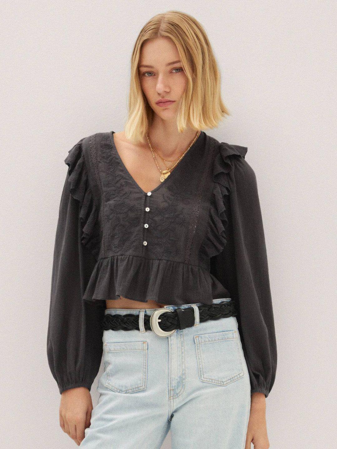 mango  embroidered puff sleeve ruffles cropped top