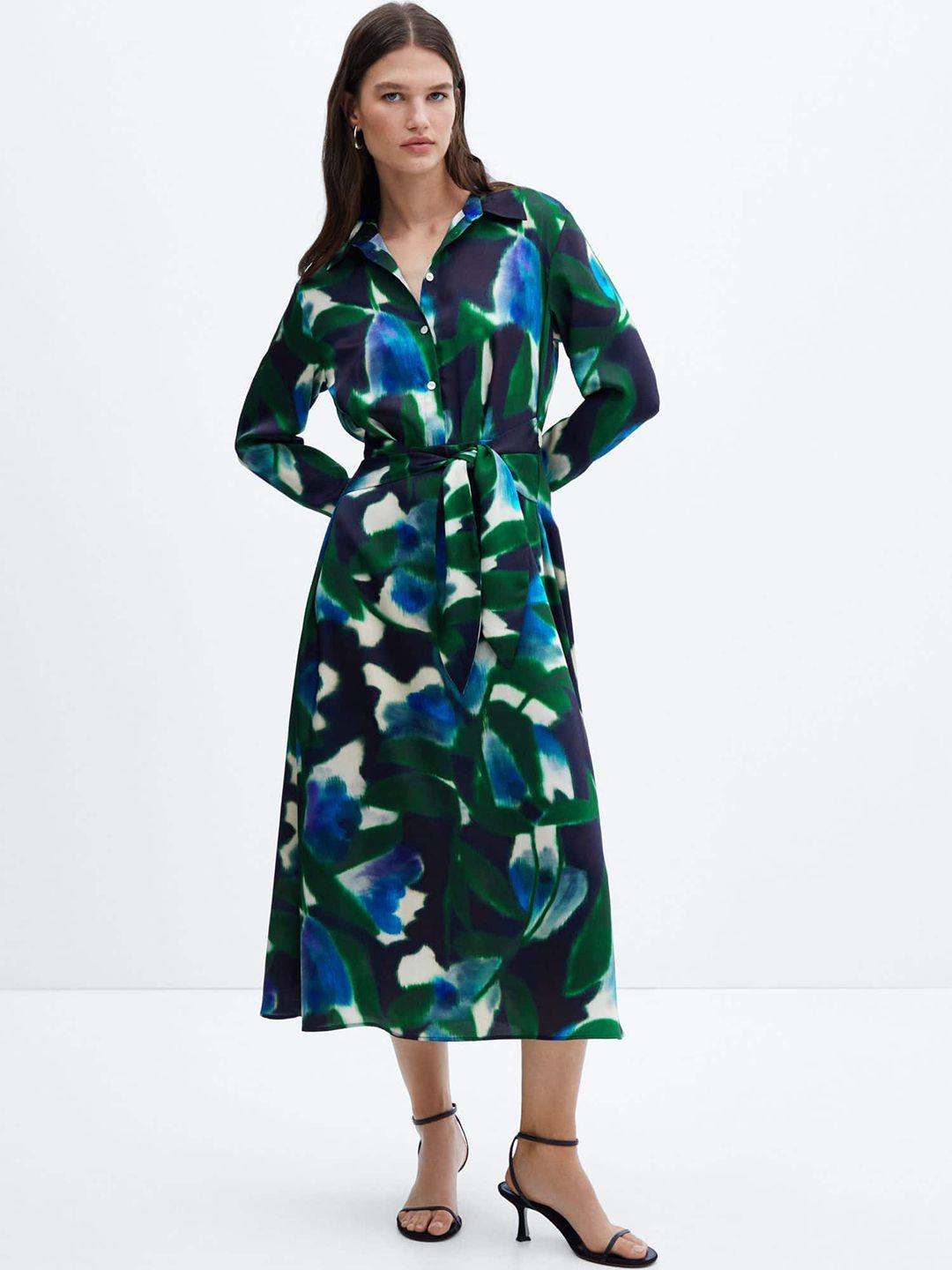 mango abstract print waist tie-ups detailed shirt style midi dress