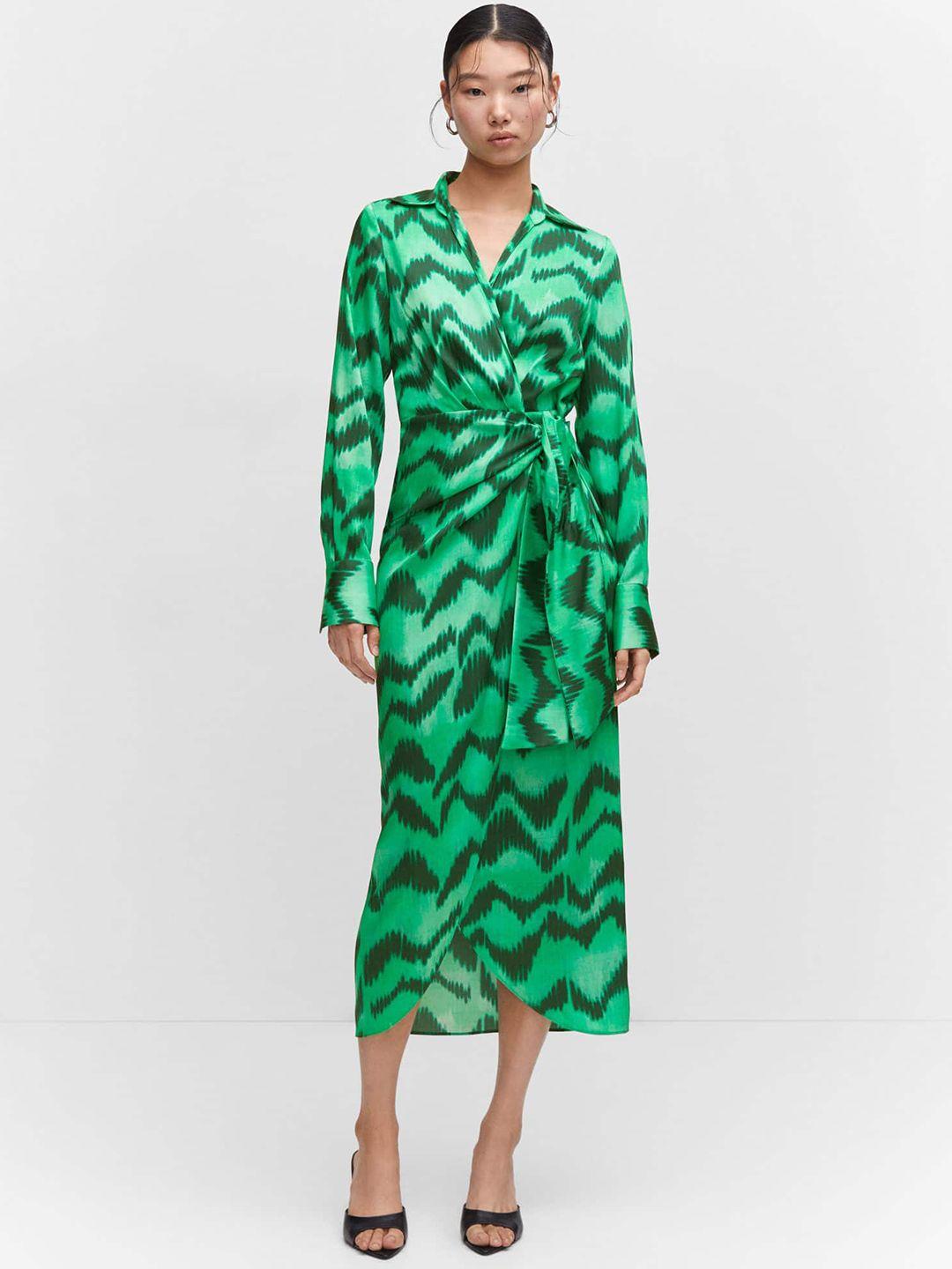 mango abstract printed shirt collar satin midi wrap dress