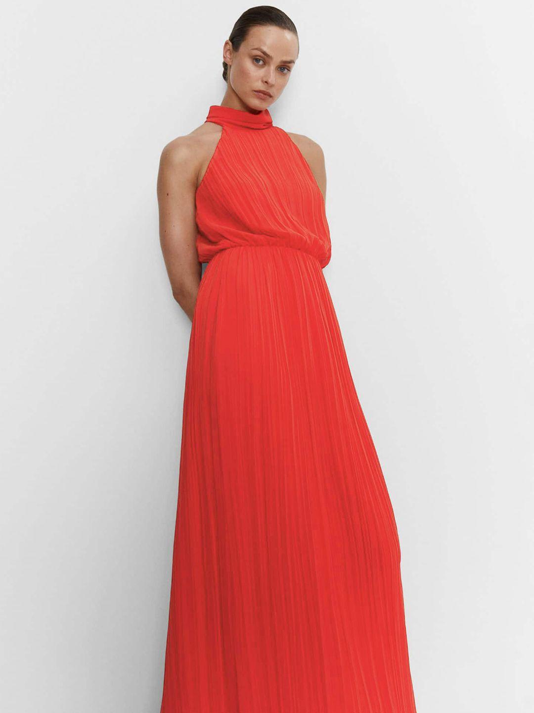 mango accordiam pleated waisted a-line maxi dress