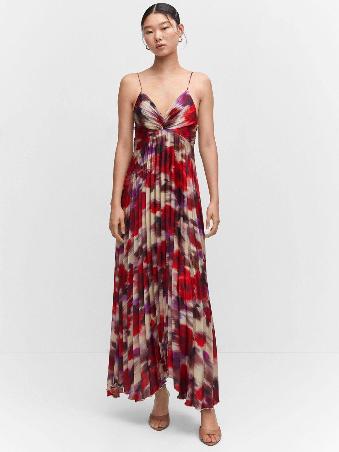 mango accordion pleats printed satin finish maxi dress