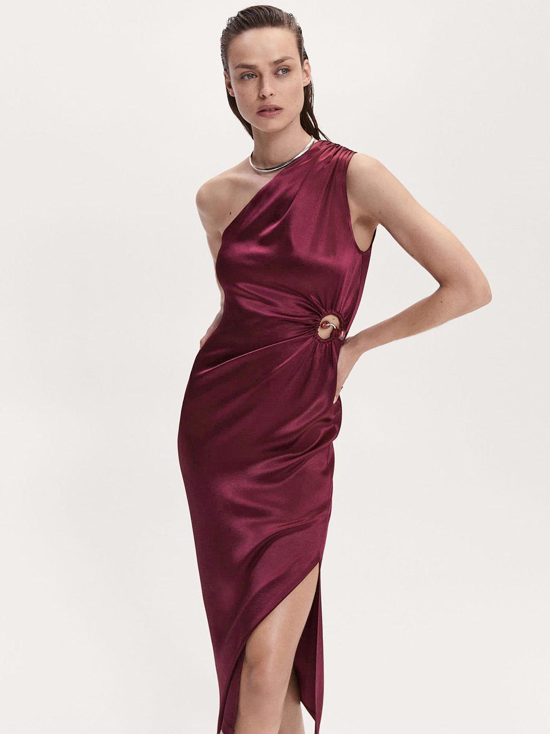 mango asymmetric neck satin a-line midi dress with stone detail