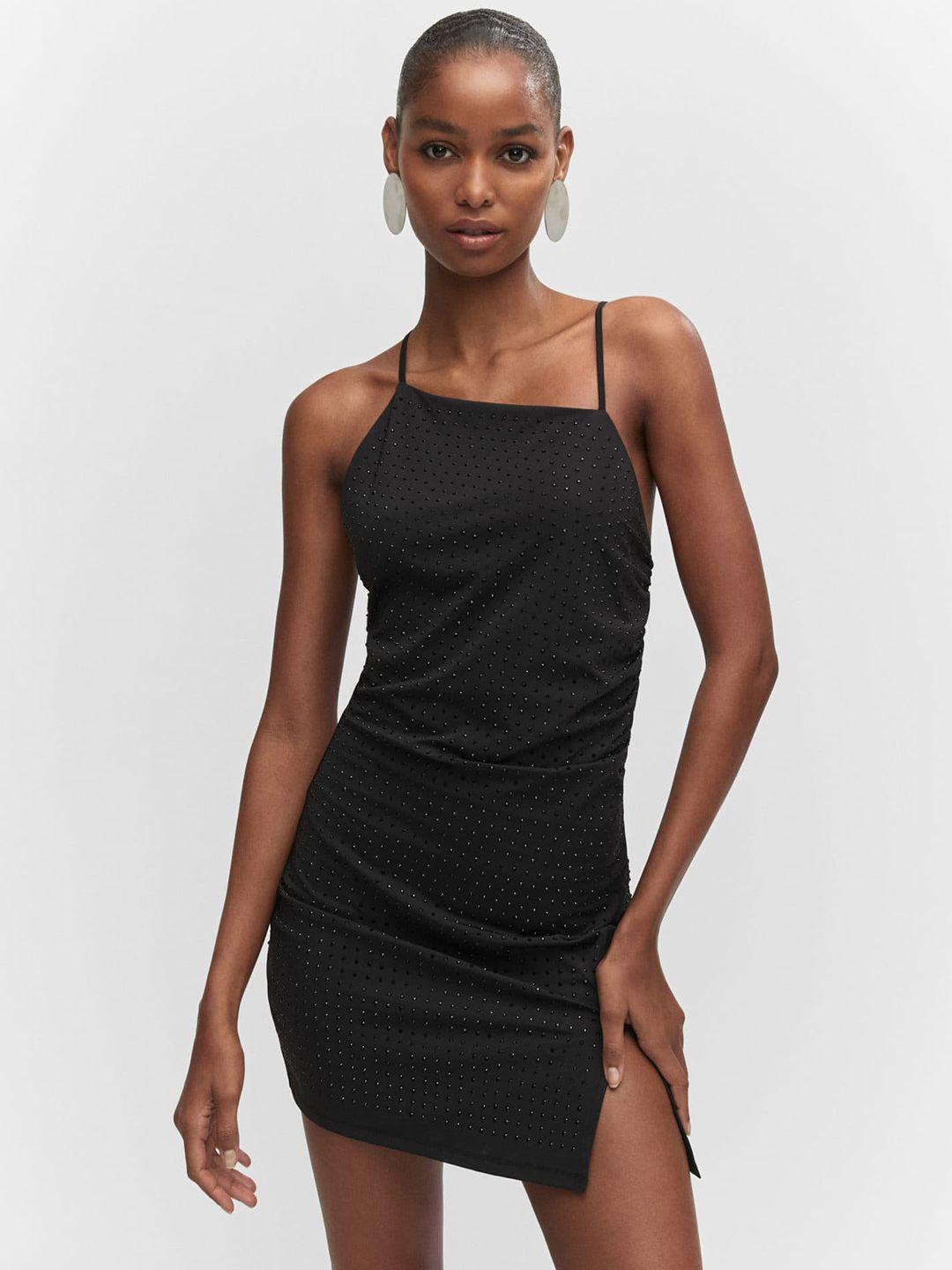 mango asymmetrical straps embellished bodycon mini dress