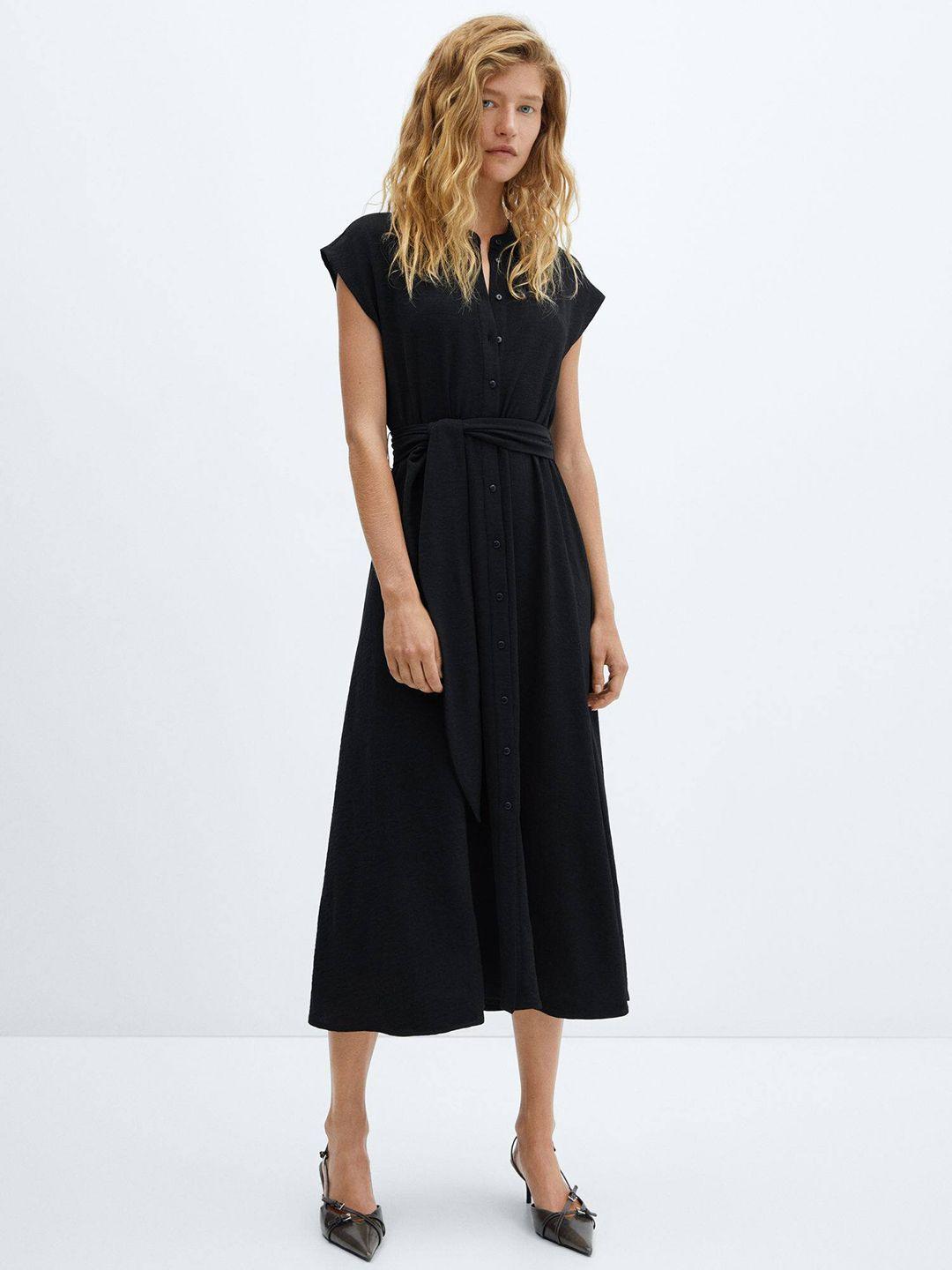 mango band collar extended sleeves belted shirt style midi dress
