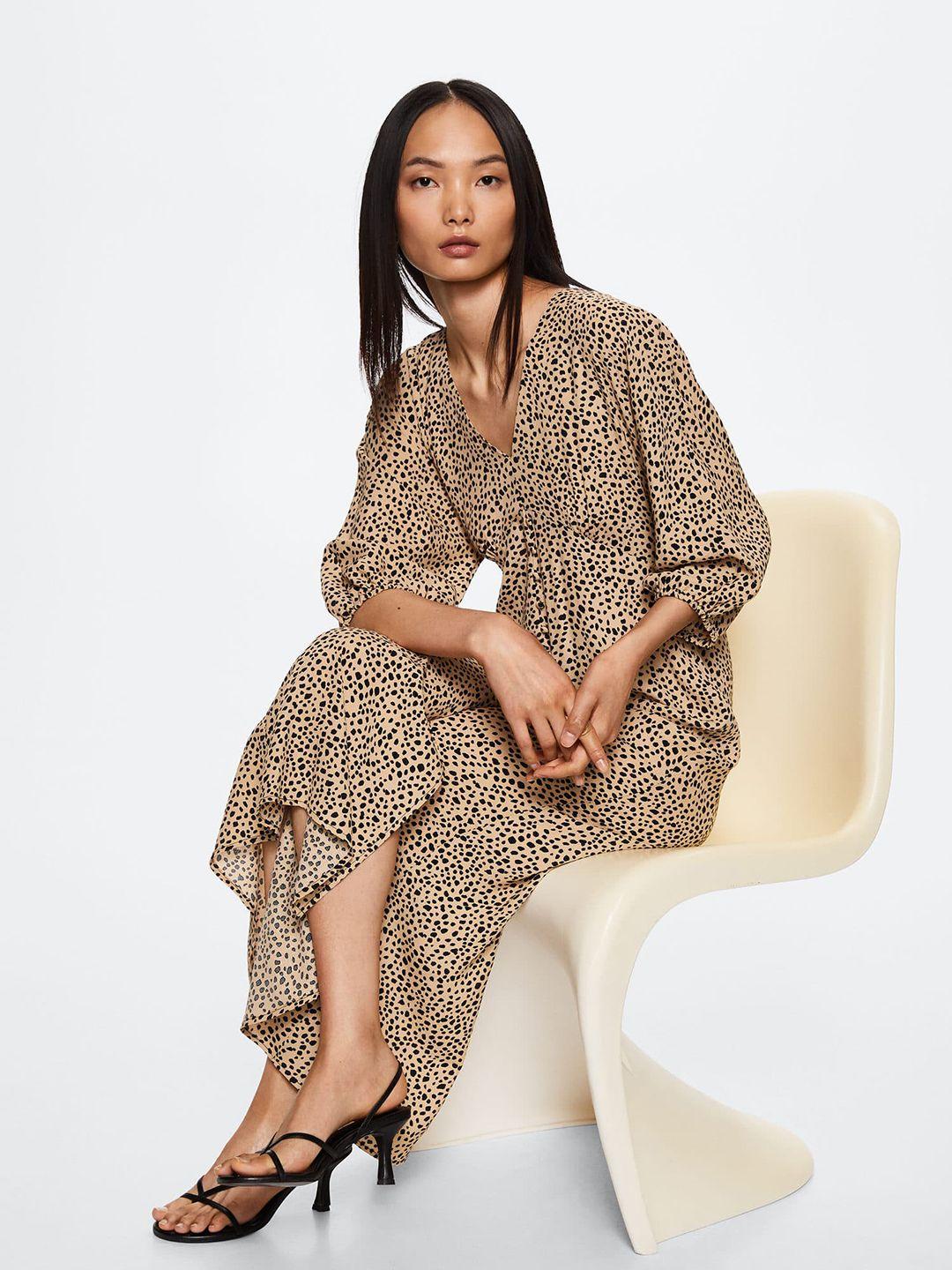 mango beige & black printed sustainable a-line midi dress