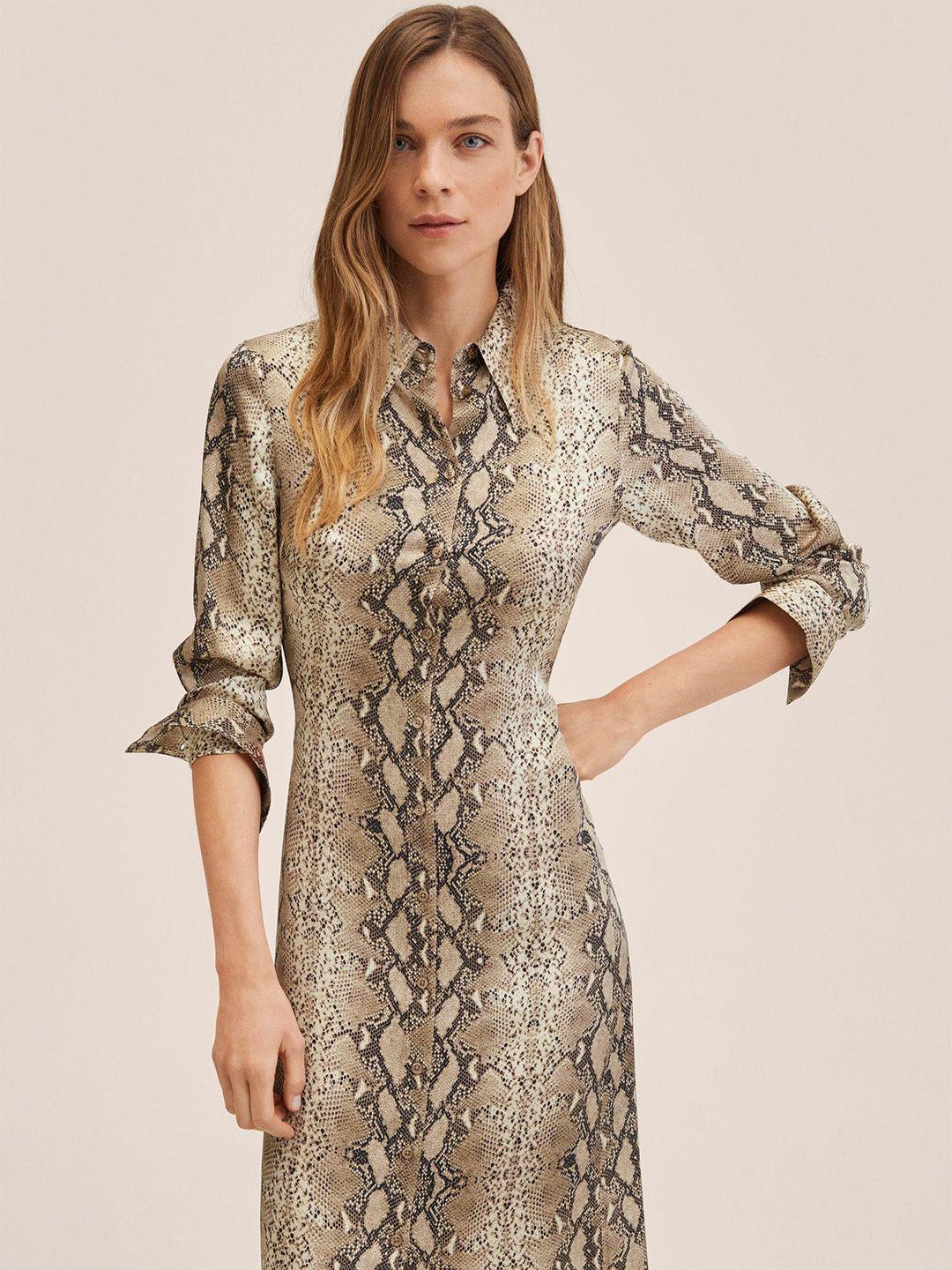 mango beige & grey animal shirt midi dress