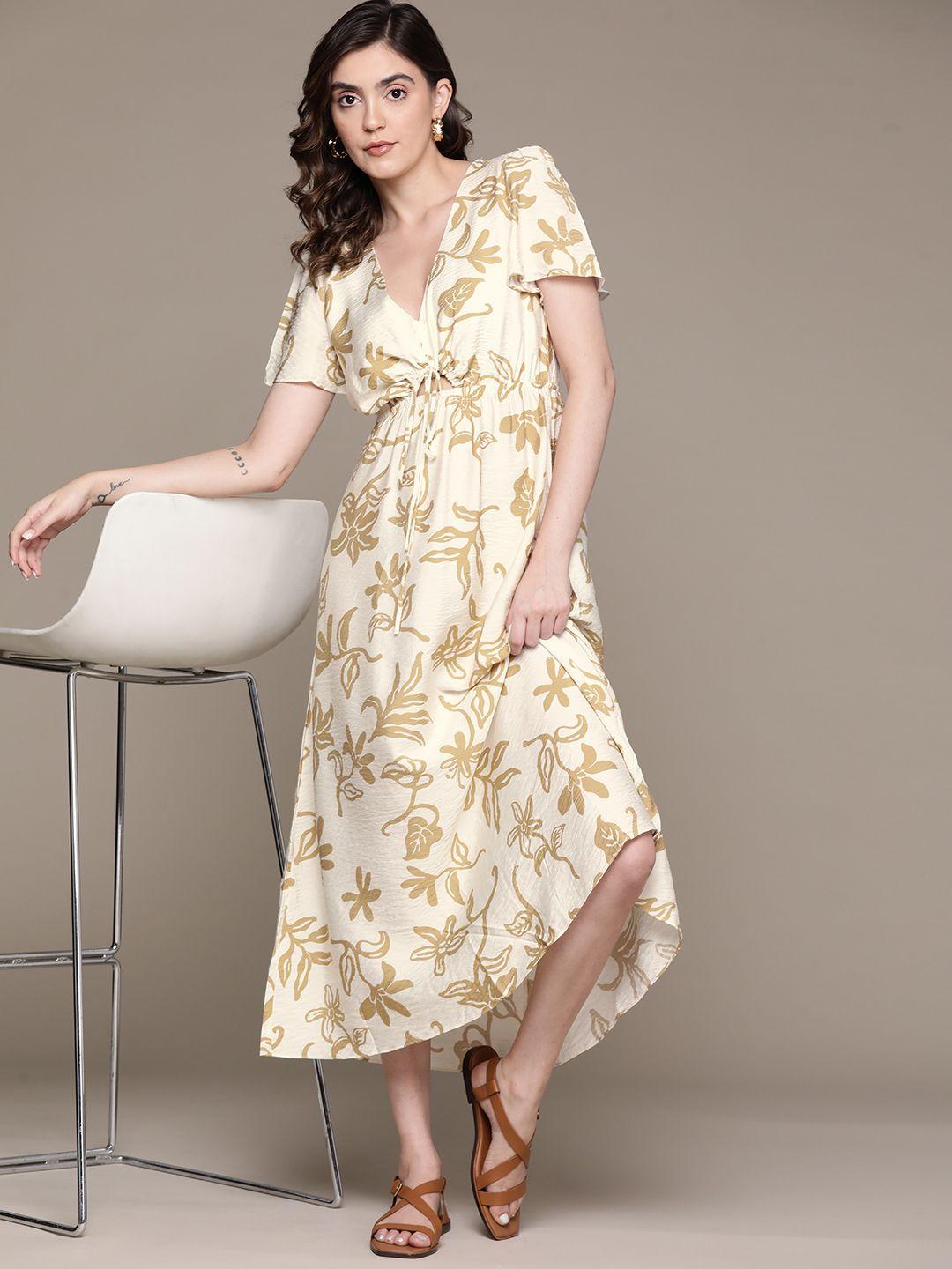 mango beige & mustard yellow floral print a-line maxi dress