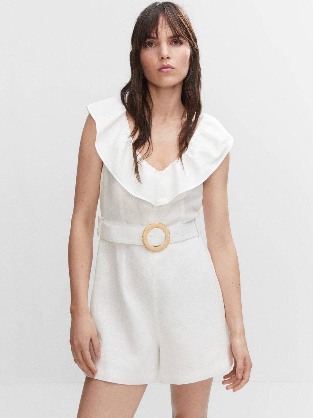 mango belted linen with ruffles jumpsuit