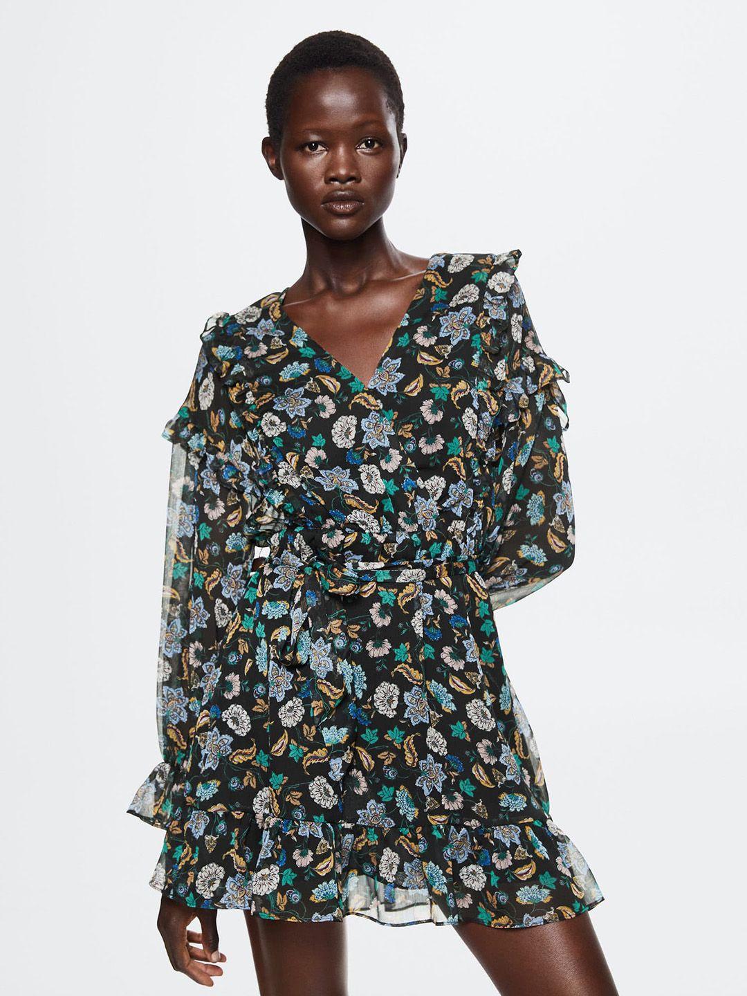 mango black & blue sustainable ethnic motifs printed a-line dress