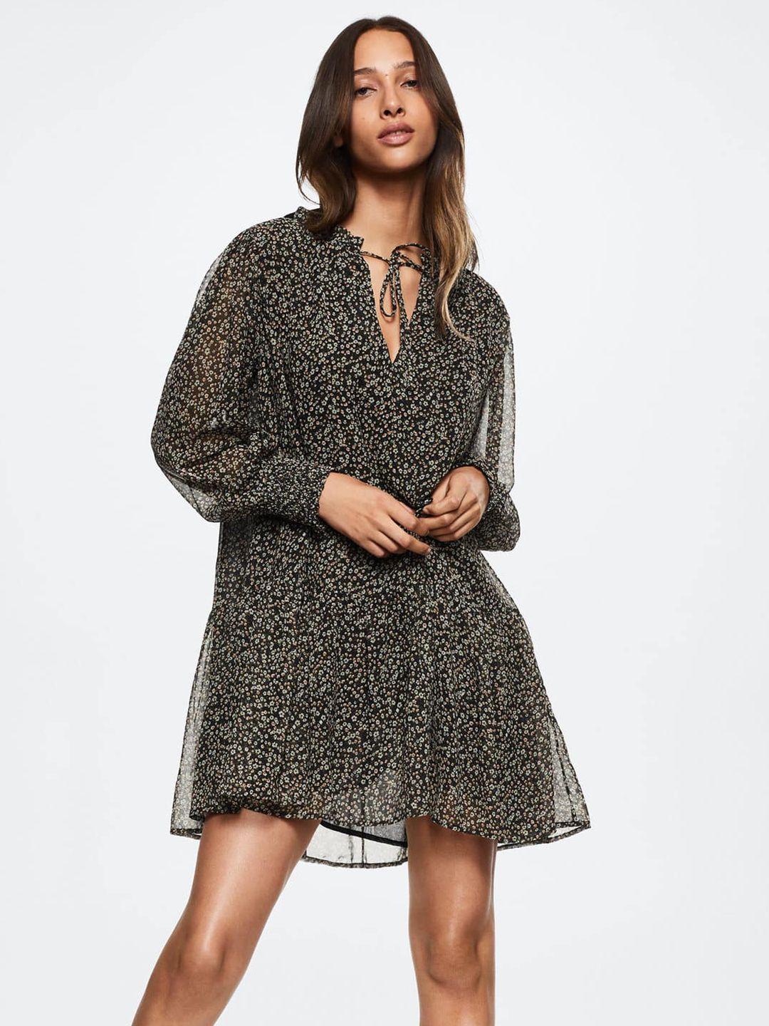 mango black & off white sustainable floral print oversized tie-up neck a-line mini dress