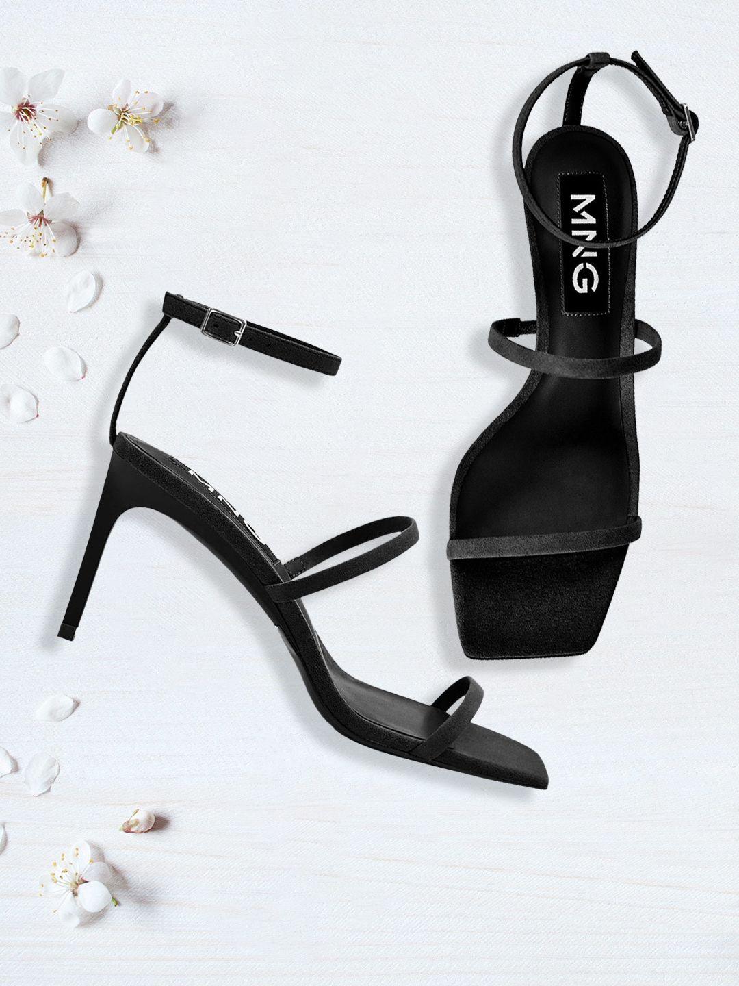 mango black solid leather slim heels