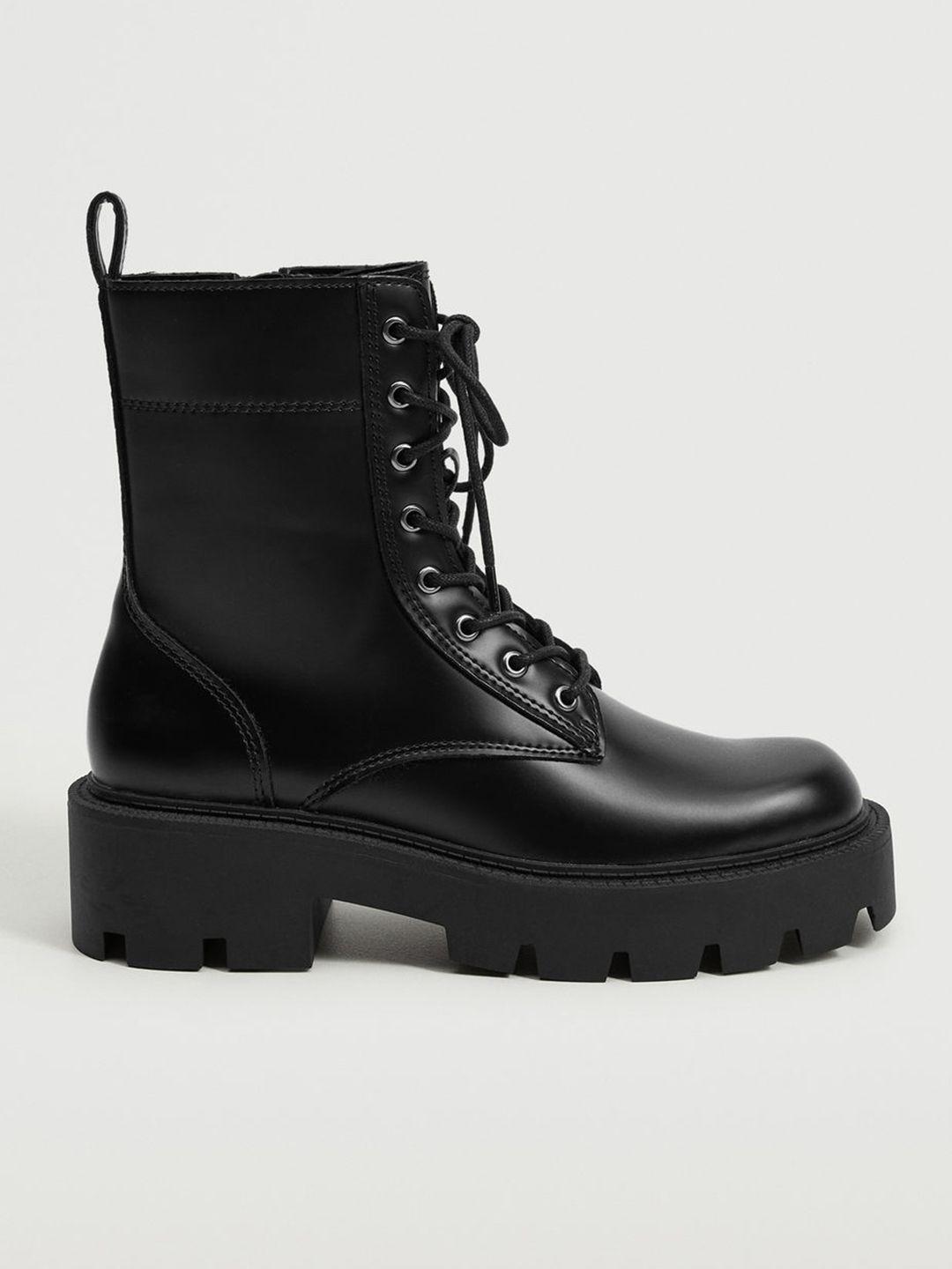 mango black solid mid top block heeled boots