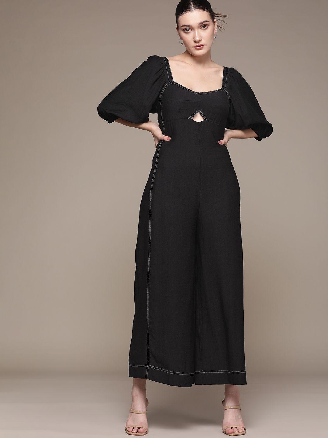 mango black solid sweetheart neck basic sustainable jumpsuit with cut-out detail