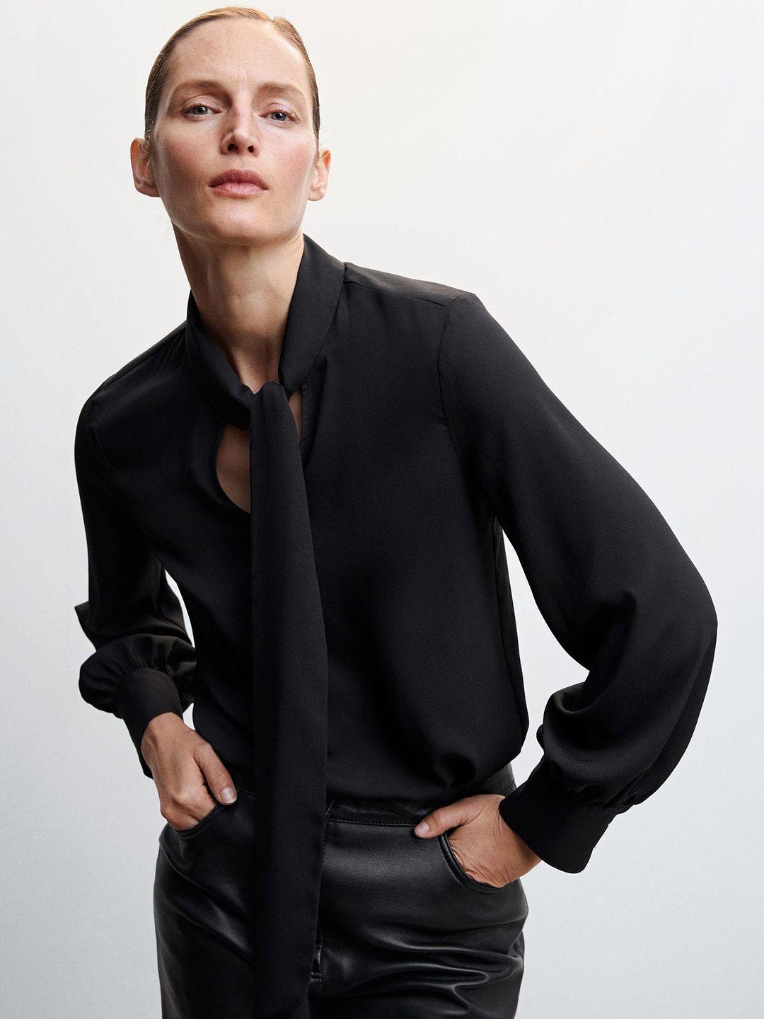 mango black tie-up neck shirt style sustainable top