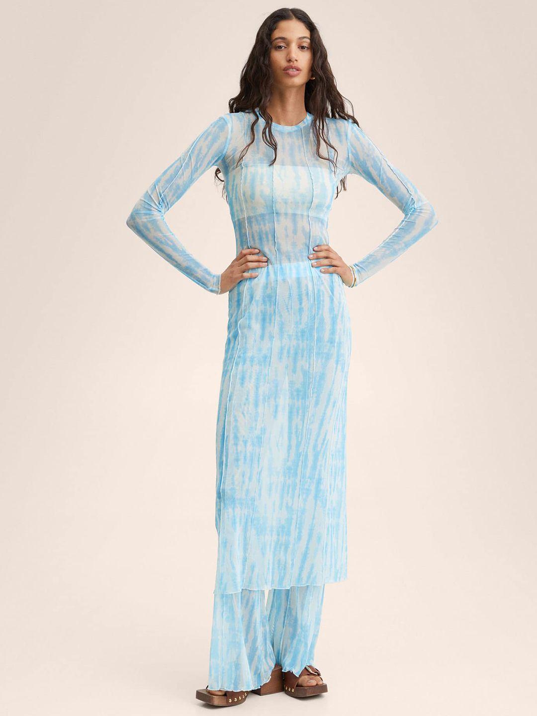 mango blue & white printed mesh a-line midi dress