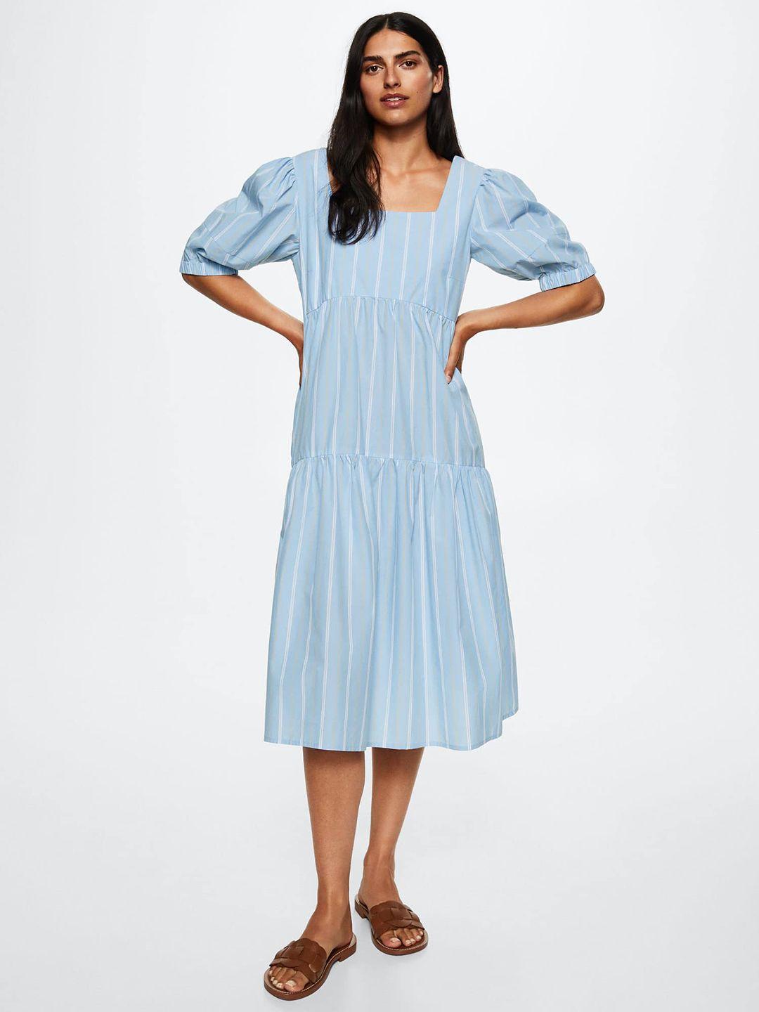 mango blue & white sustainable striped pure cotton tiered a-line midi dress