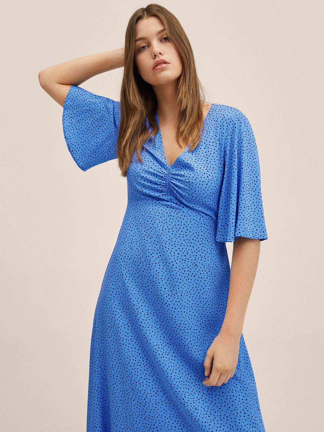 mango blue printed a-line midi dress