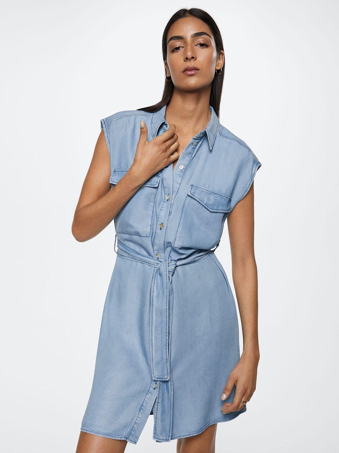 mango blue solid denim shirt dress