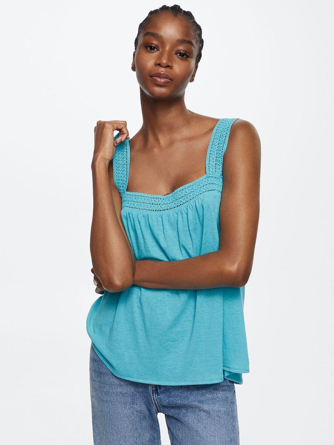 mango blue solid lace insert detail top