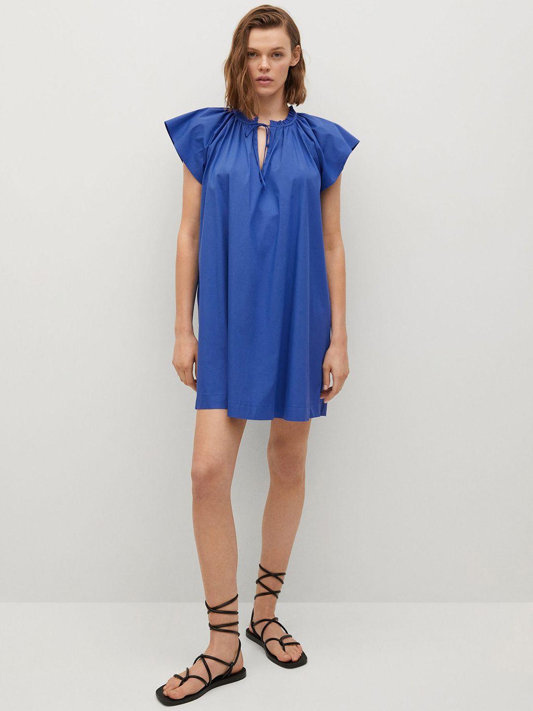 mango blue solid tie-up neck gathered a-line dress