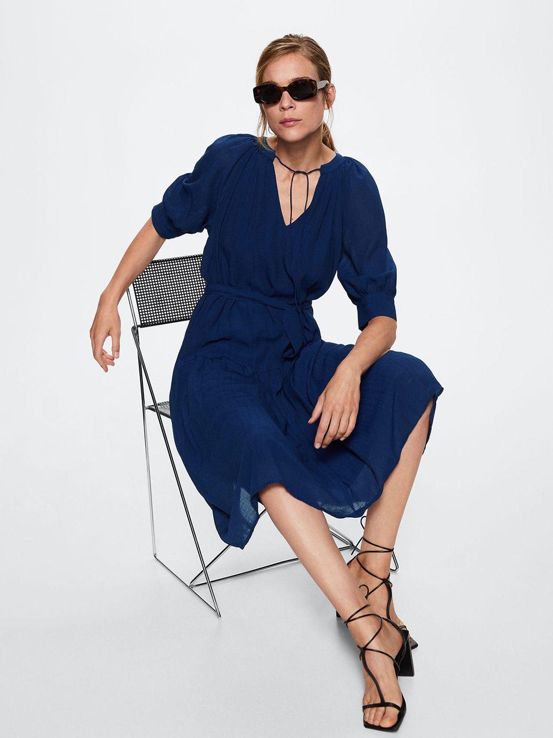 mango blue sustainable tie-up neck a-line midi dress