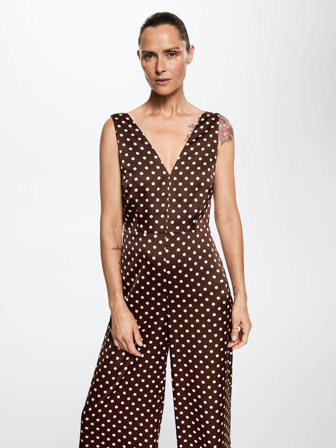 mango brown & white printed basic satin finish jumpsuit