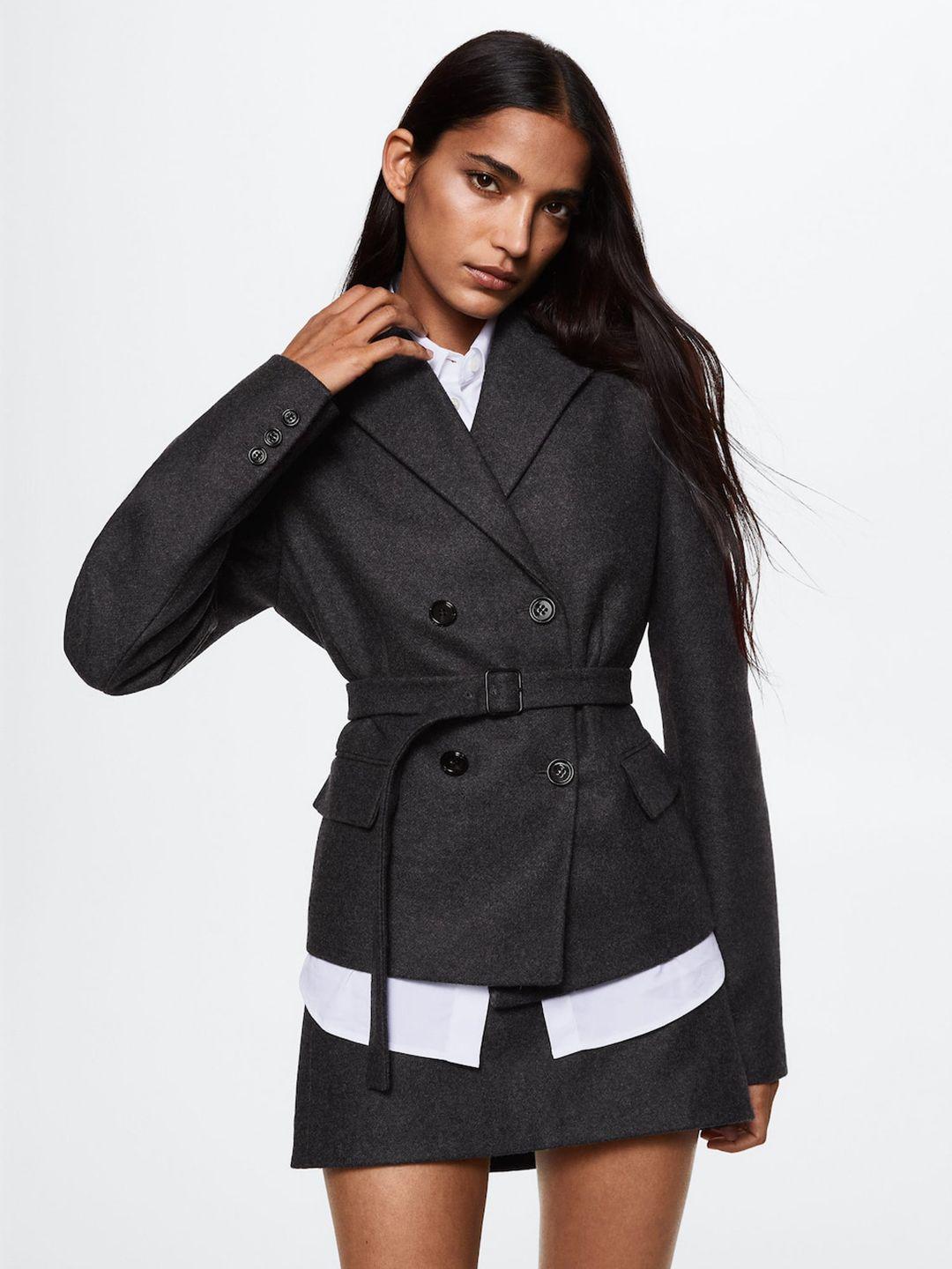 mango charcoal grey solid overcoat with belt