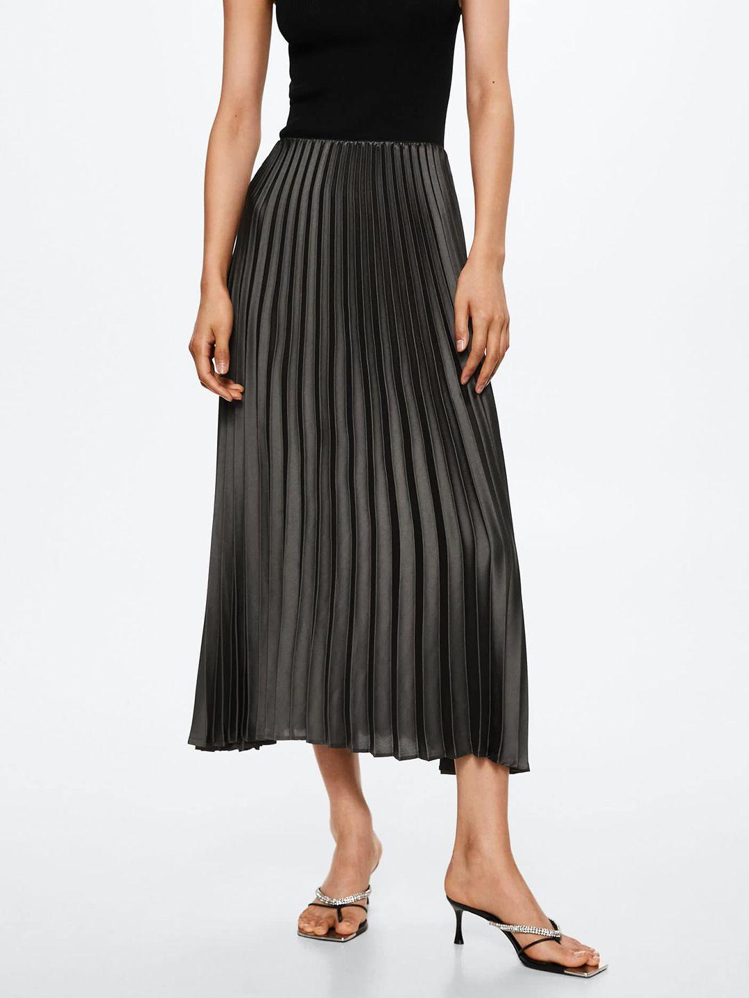 mango charcoal grey solid sustainable accordion pleated flared midi skirt