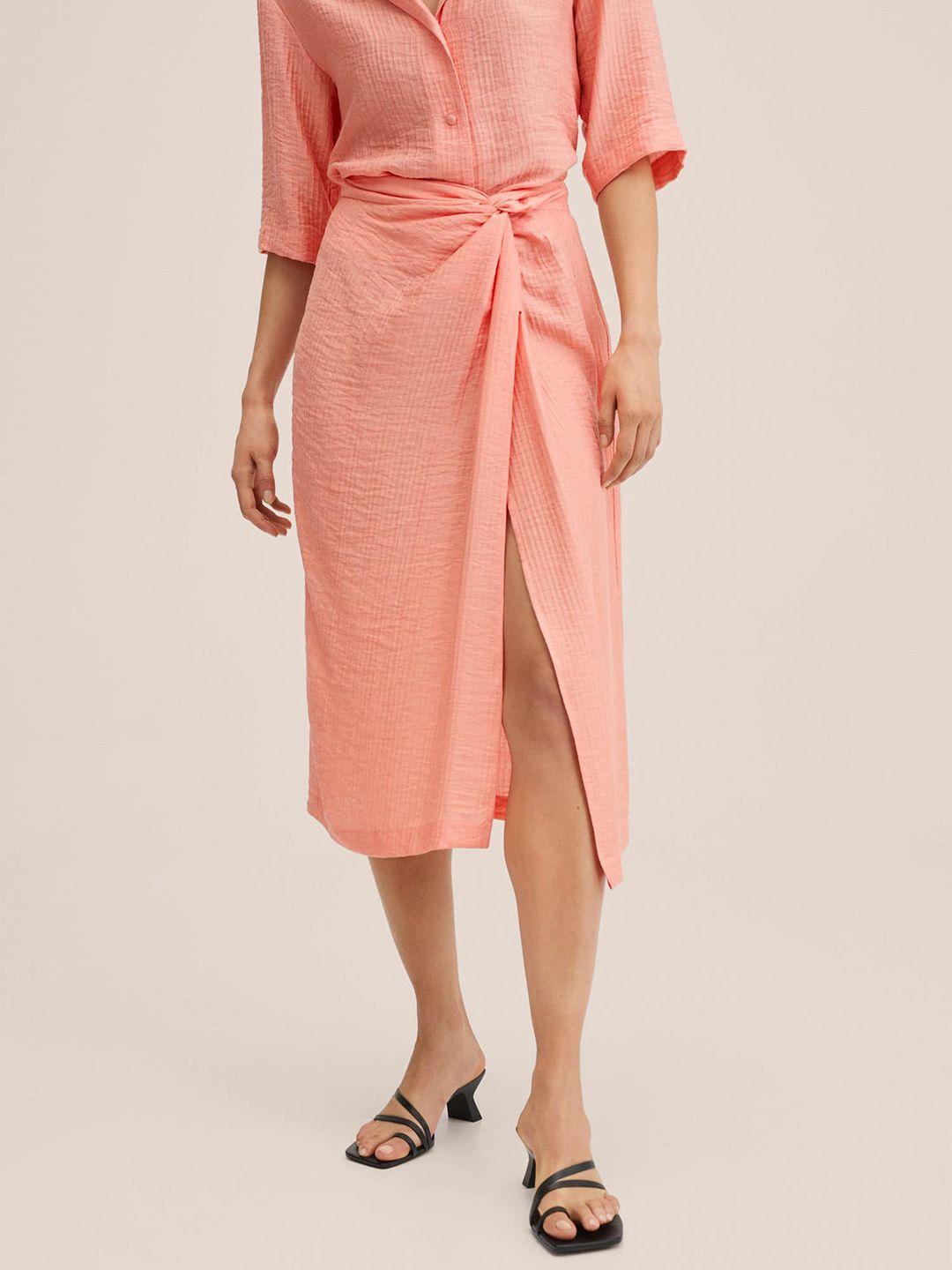 mango coral pink solid a-line midi skirt
