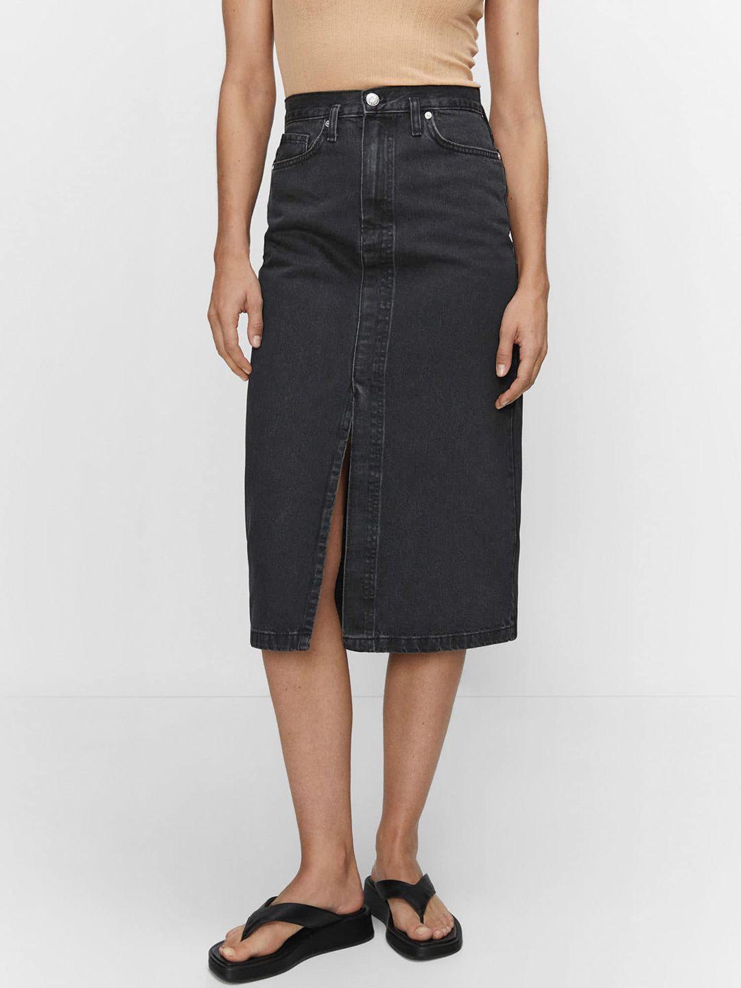 mango cotton front slit straight denim midi skirt