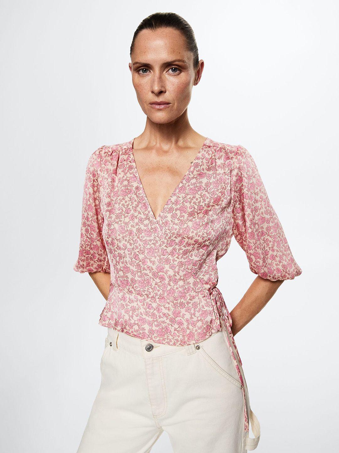 mango cream-coloured & pink floral print wrap sustainable top