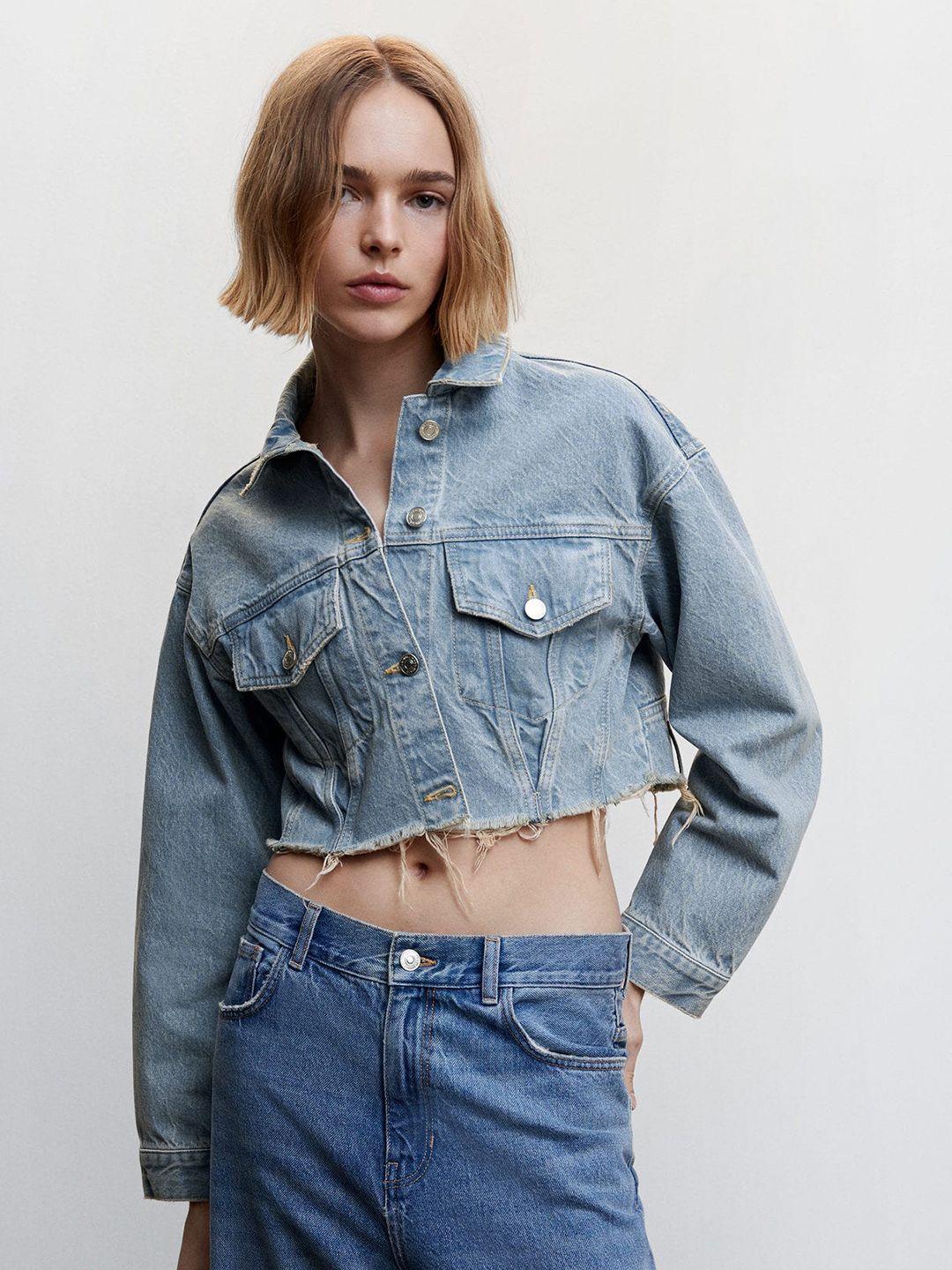 mango crop raw hem sustainable cotton denim jacket