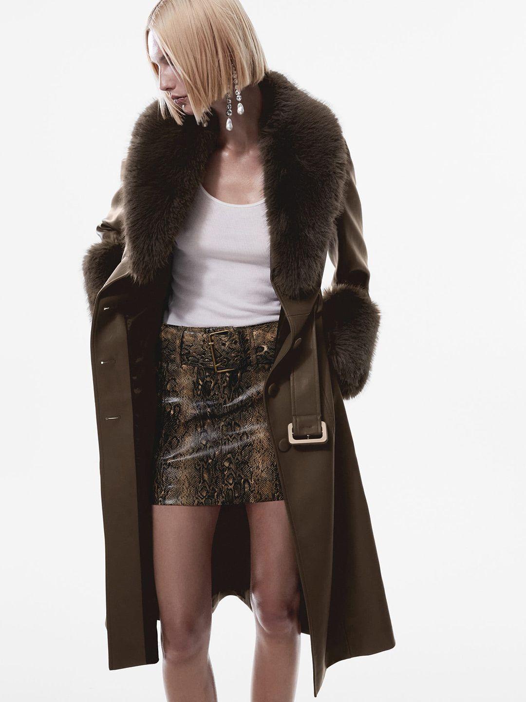 mango detachable faux fur collar & cuffs belted detail midi length overcoat