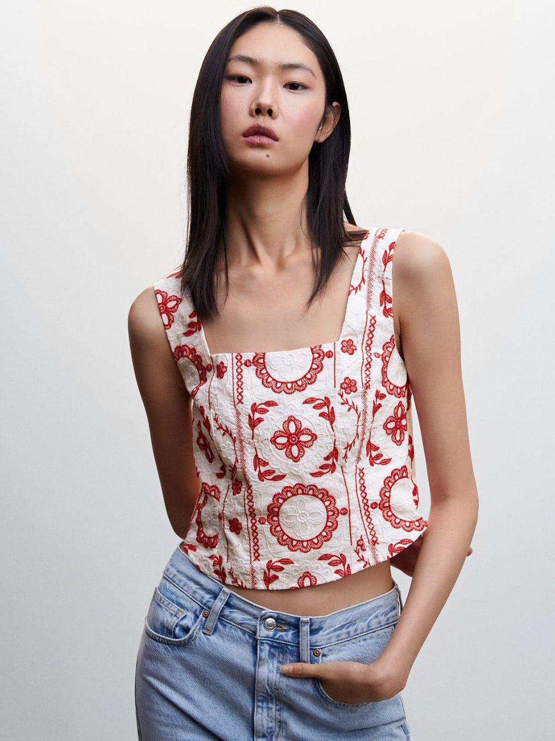 mango embroidered cotton styled back lace-up detail crop top