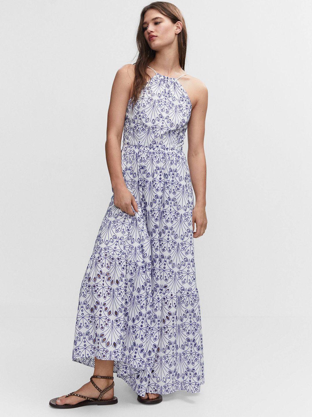 mango embroidered halter neck cotton maxi dress