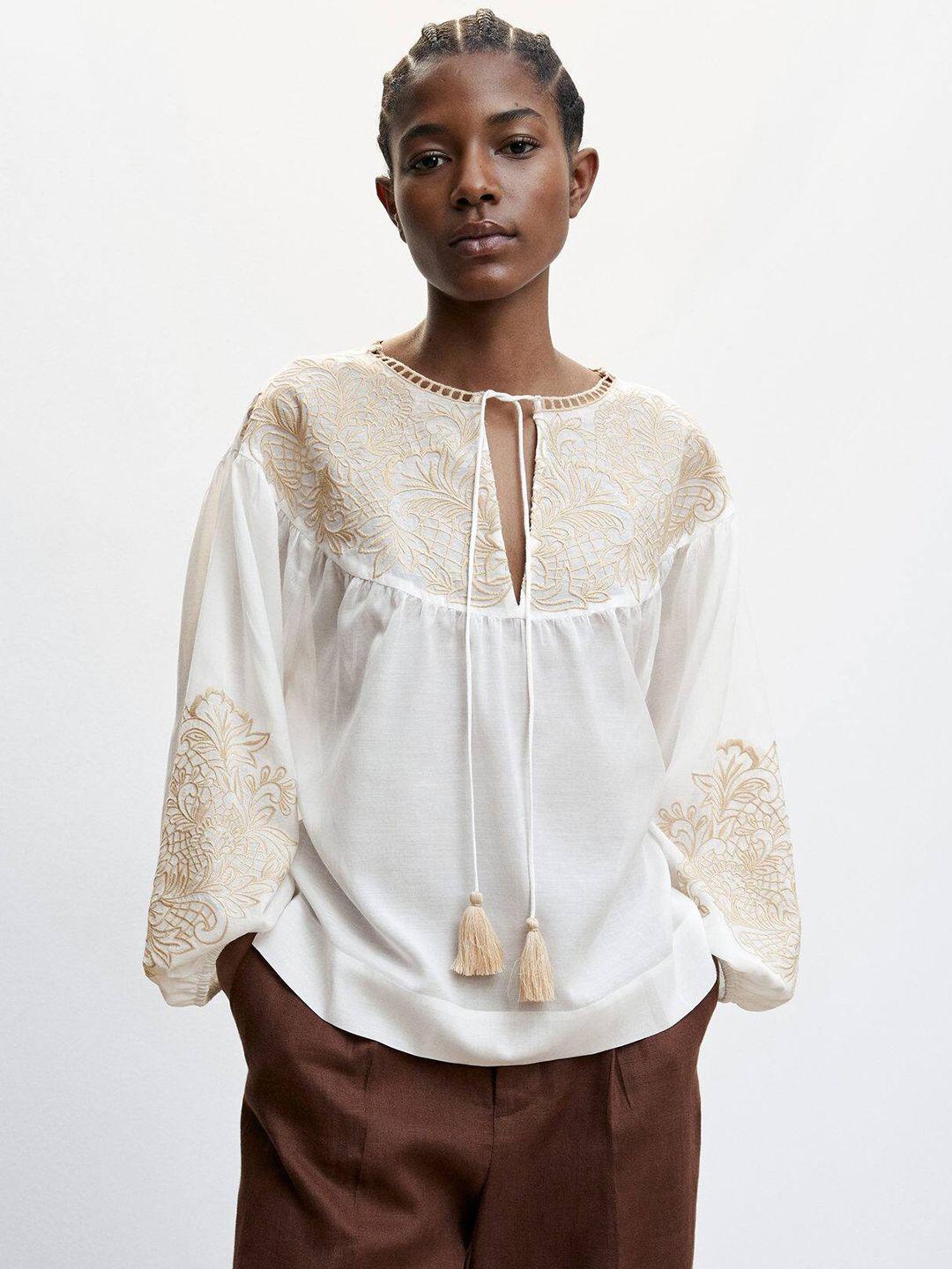 mango embroidered tie-up neck puff sleeve top