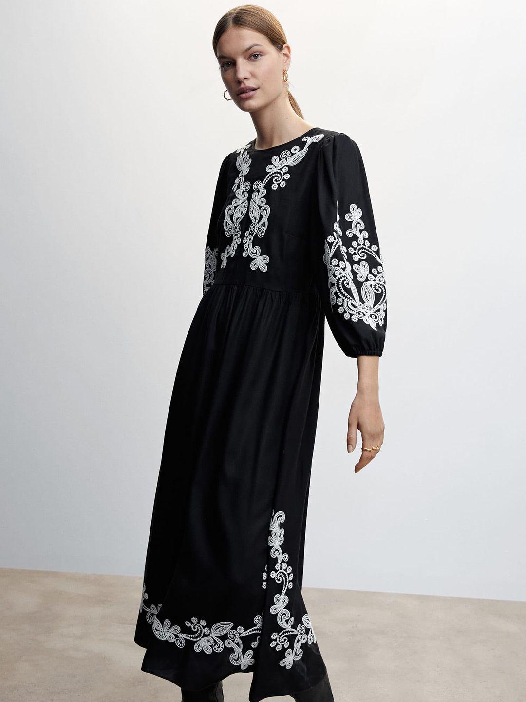 mango ethnic motifs embroidered puff sleeves sustainable a-line midi dress