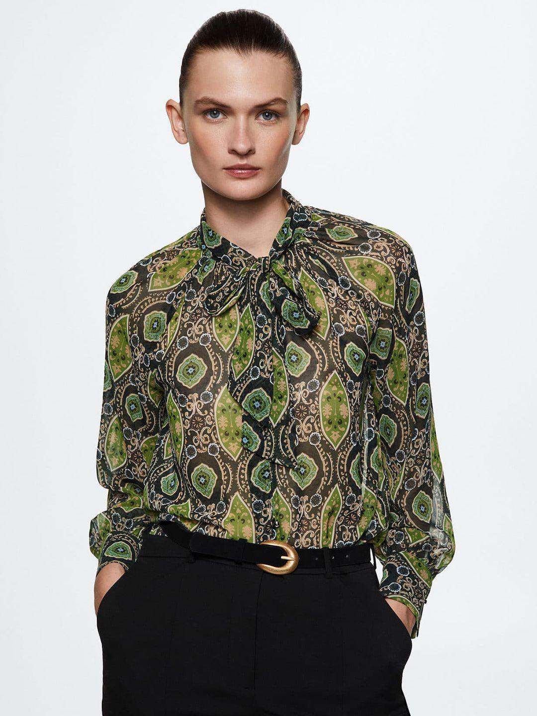 mango ethnic print tie-up neck blouson top