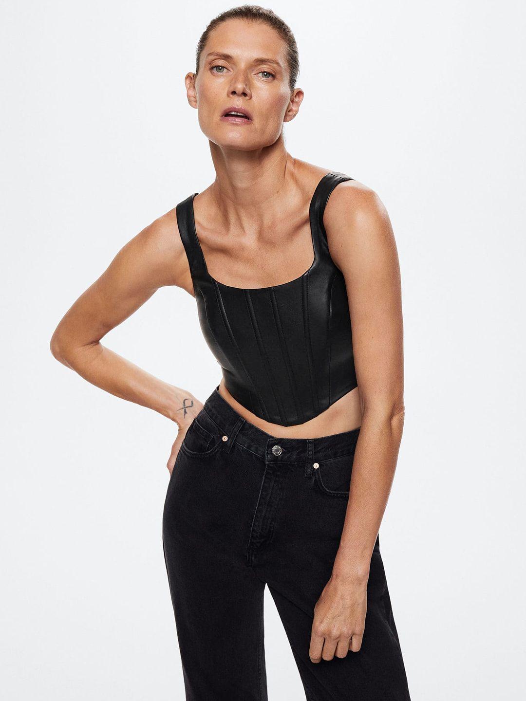 mango faux leather crop corset style top