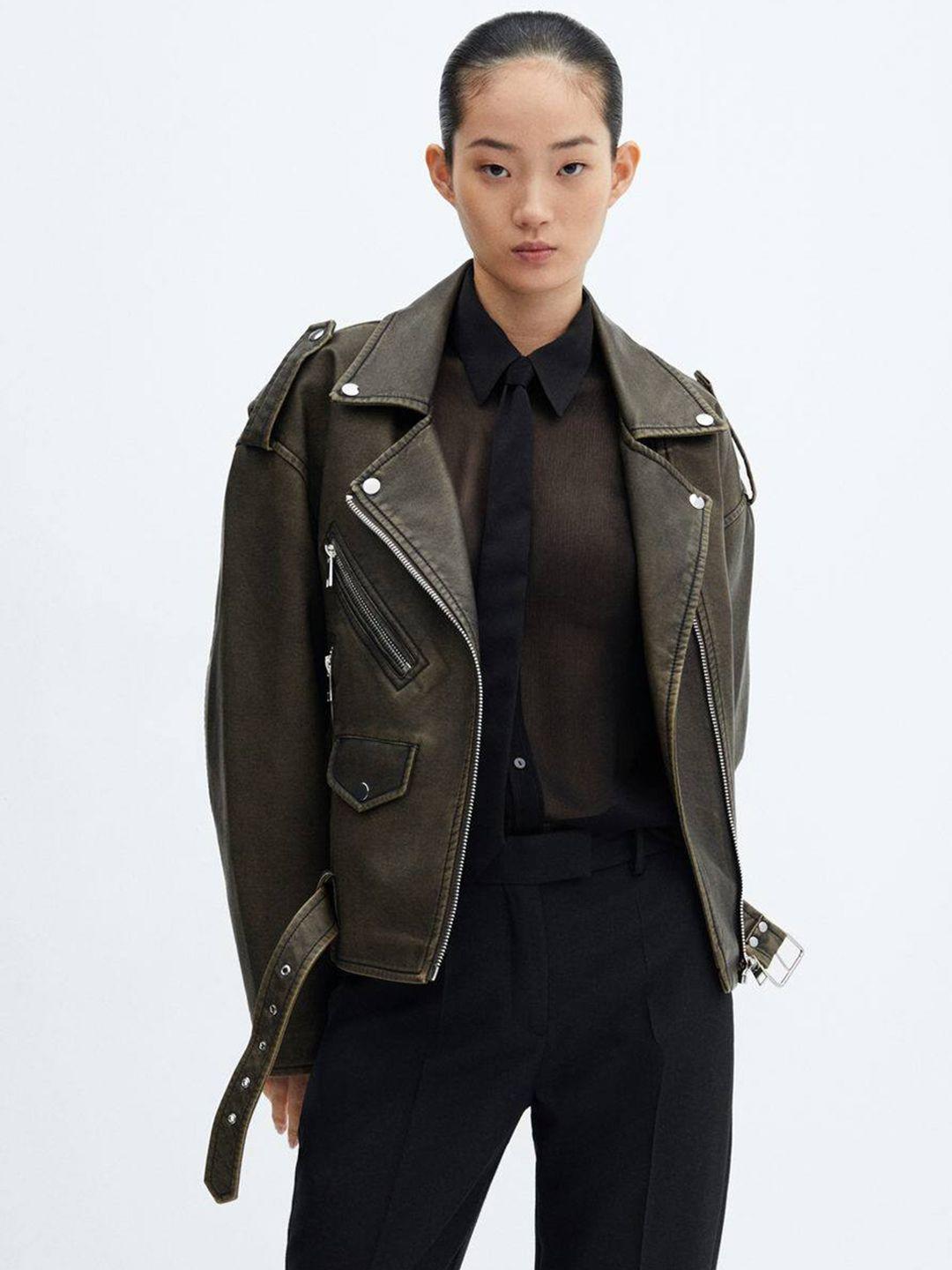 mango faux leather oversized worn-effect biker jacket