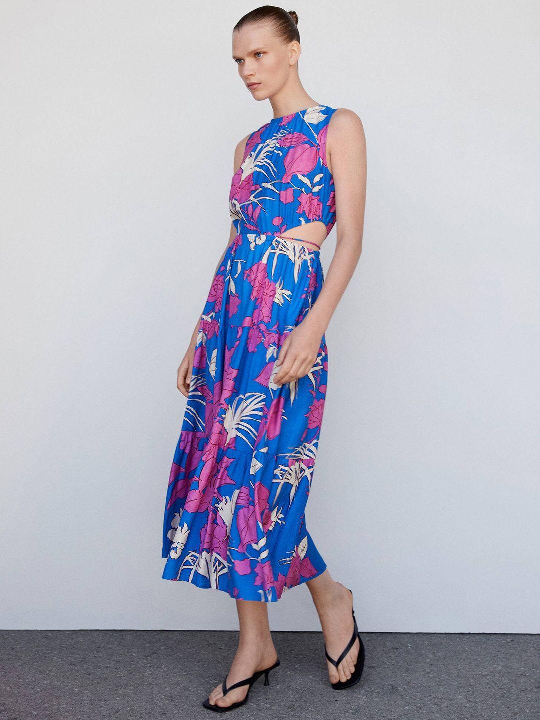 mango floral print a-line midi dress with cut-outs