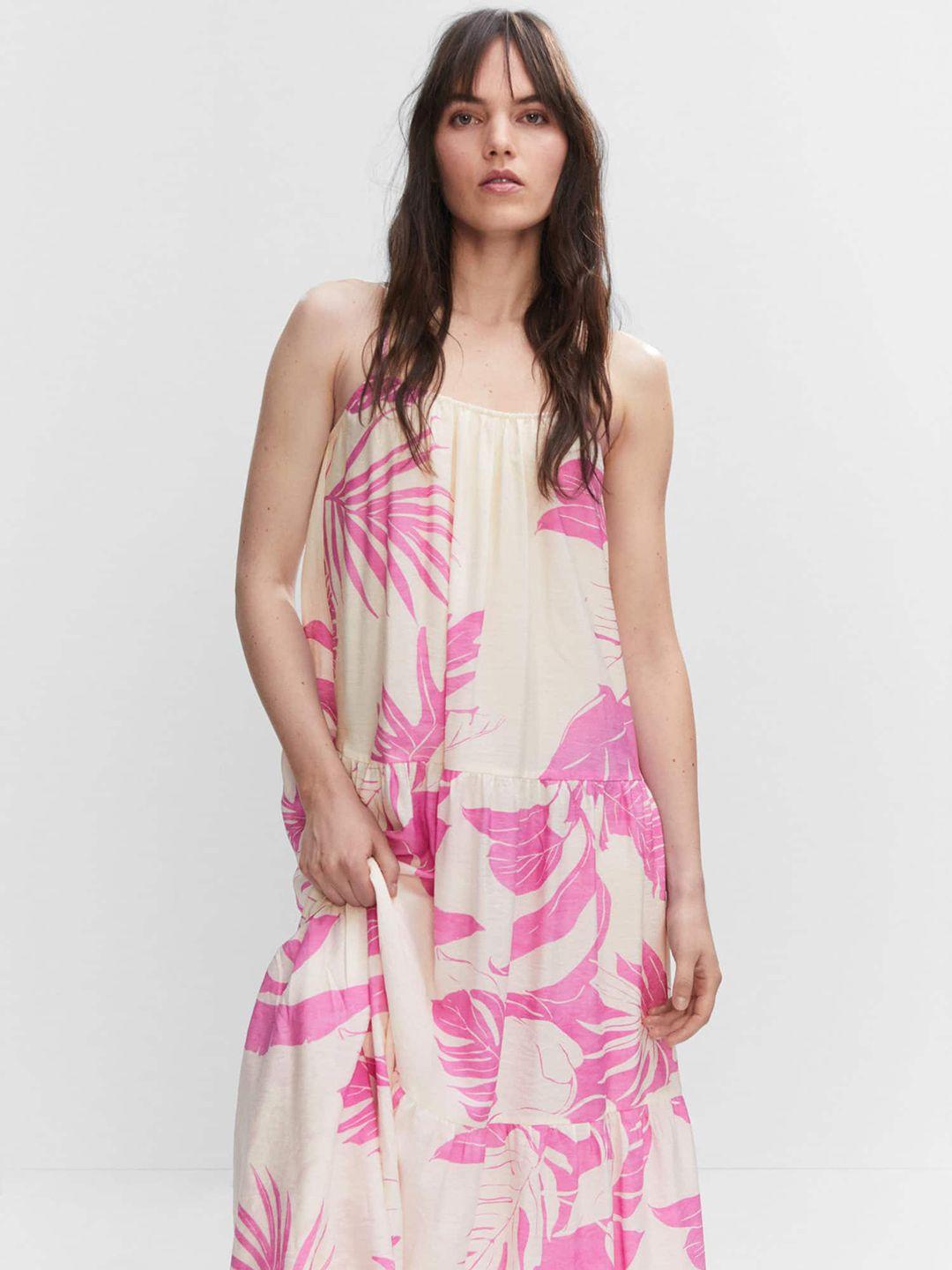 mango floral print a-line tiered maxi dress with gathered & pleated detail