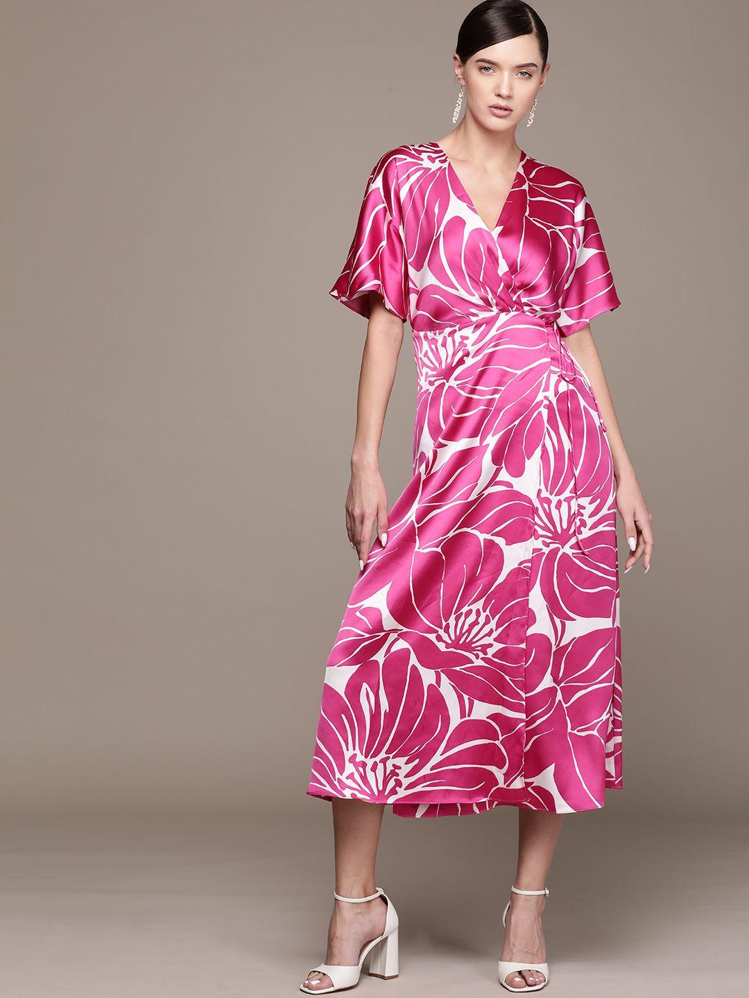 mango floral print flutter sleeves satin finish dress