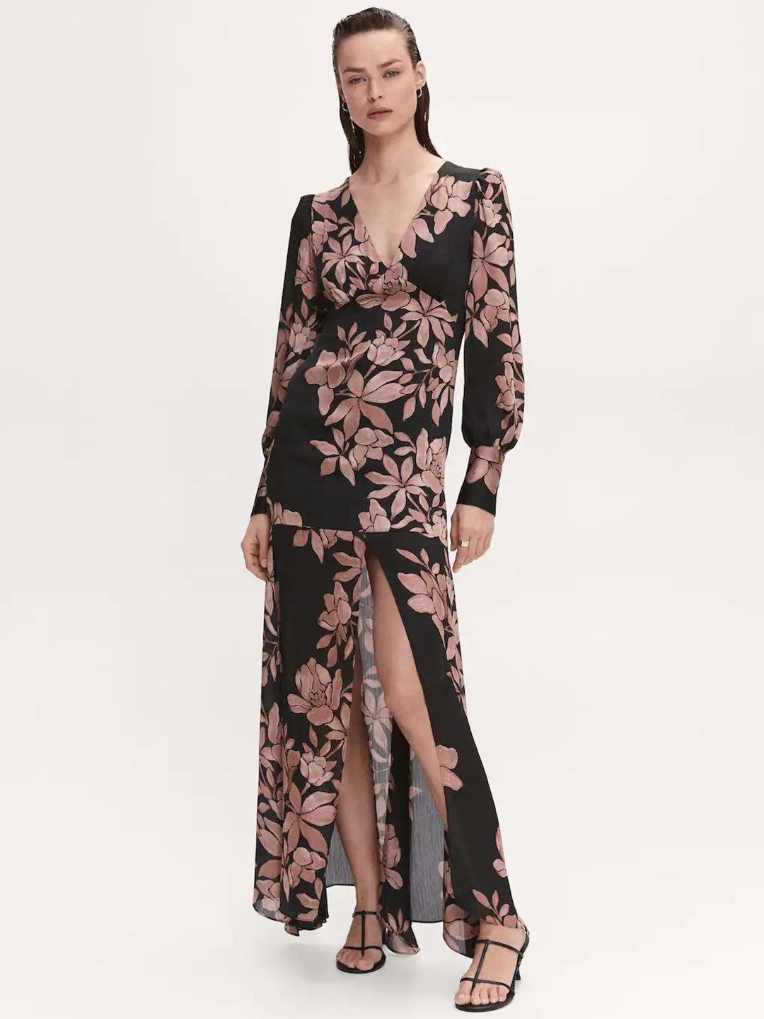 mango floral print puff sleeves chiffon semi-sheer high-slit maxi dress