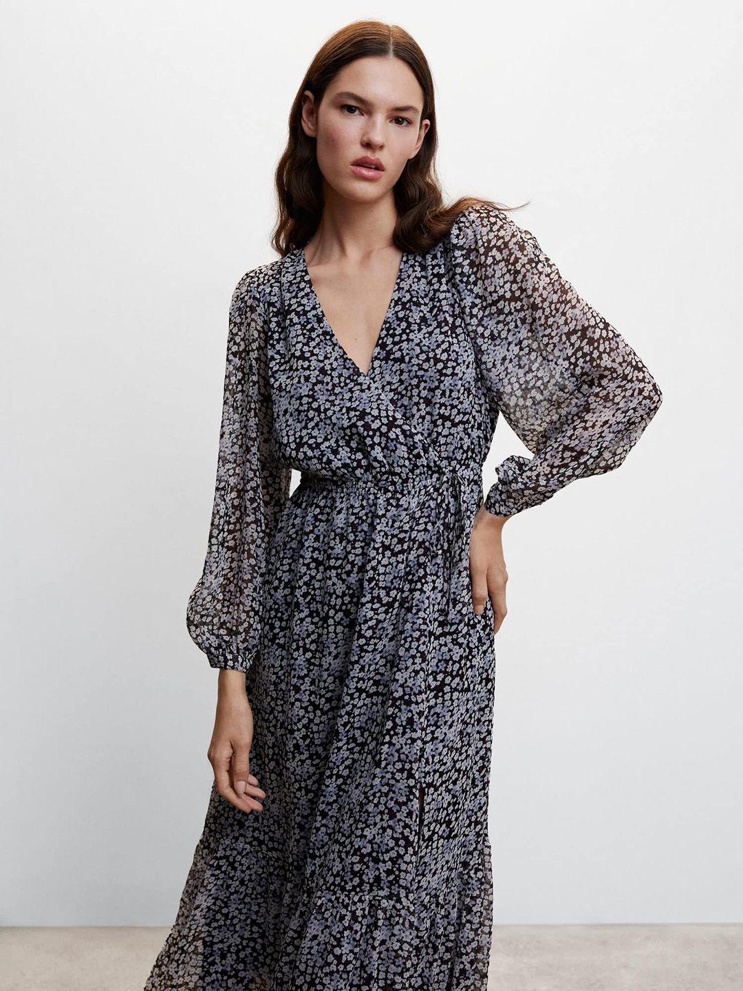 mango floral print puff sleeves wrap midi dress