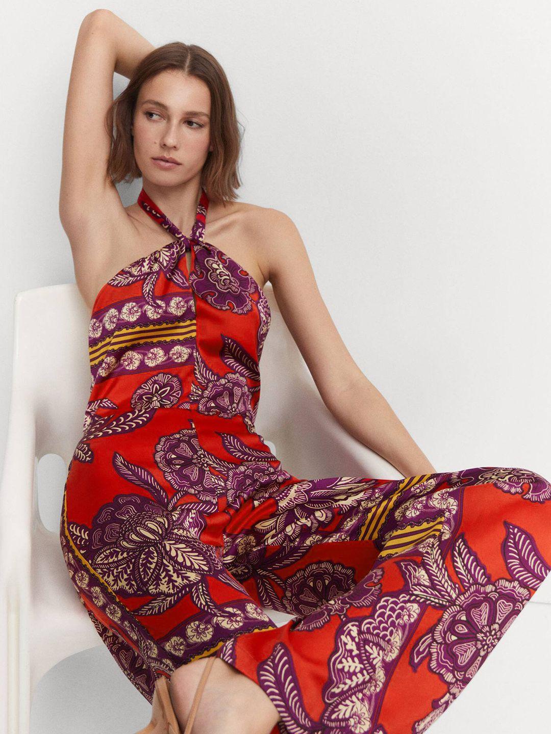 mango floral print satin finish halter neck jumpsuit