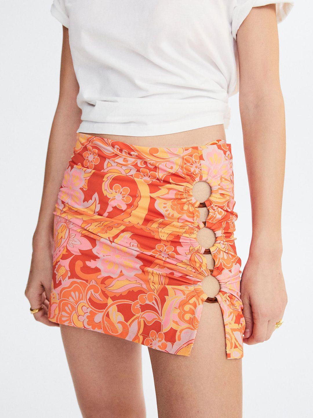 mango floral printed cut-out & ruched detail a-line mini skirt